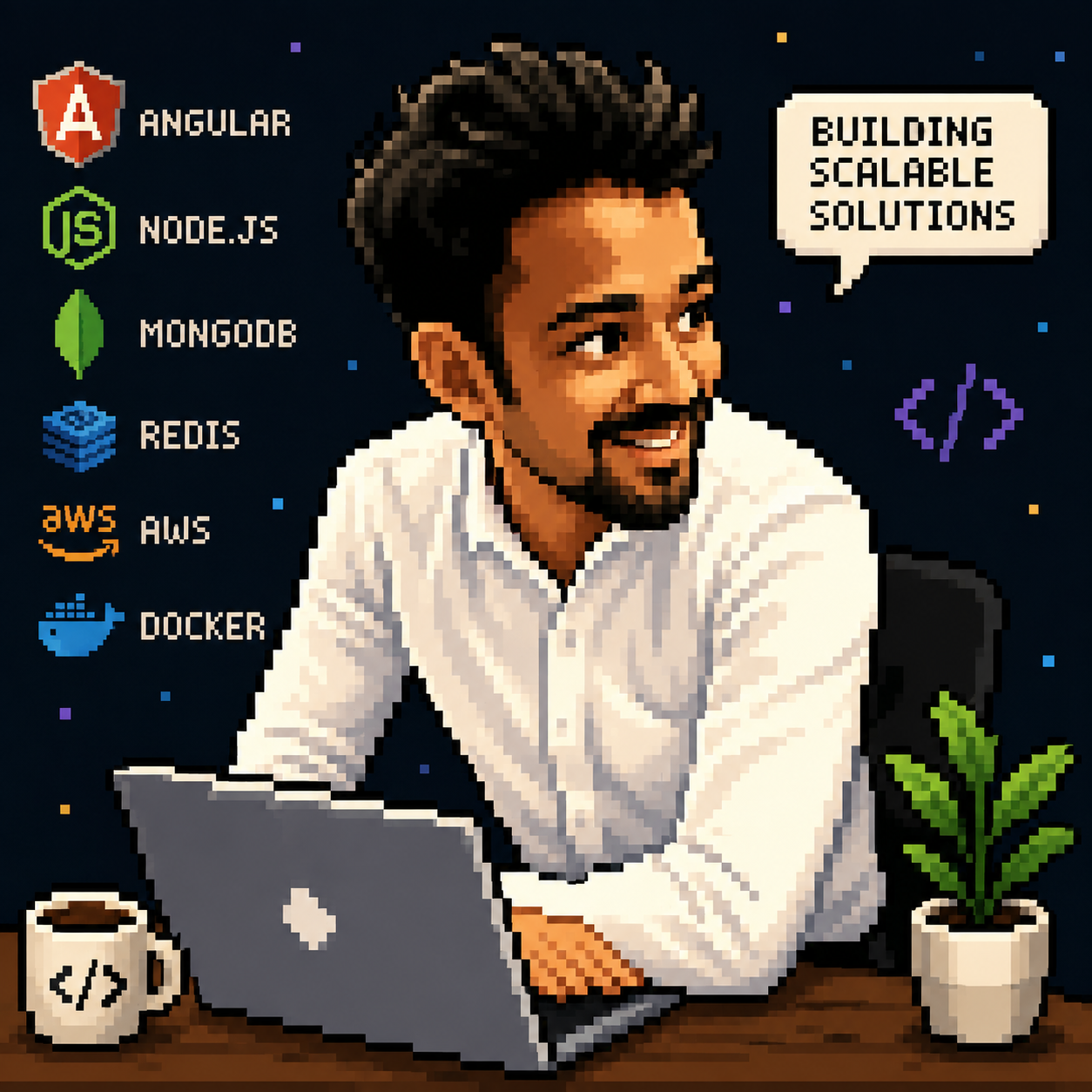 Pixel art of Nilasis with Angular, Node.js, MongoDB, Redis, AWS, and Docker